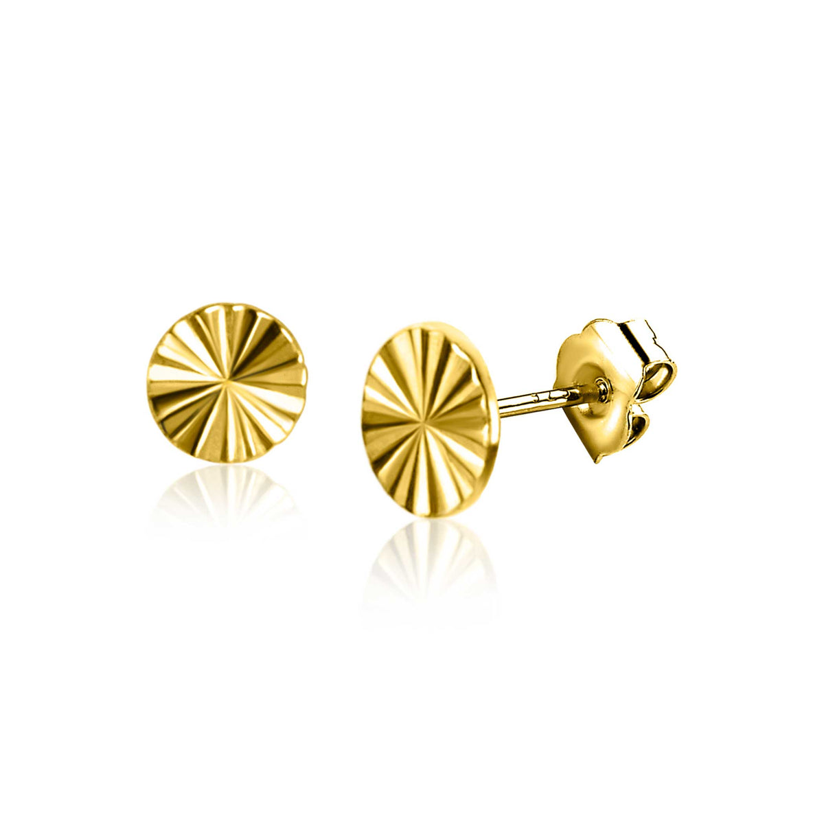 Orecchini in oro con design a raggi, forma rotonda e finitura lucida.