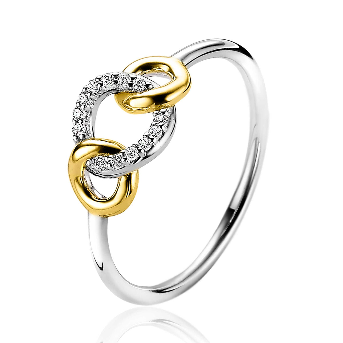 Anello placcato oro con dettagli argentati e zirconi.
