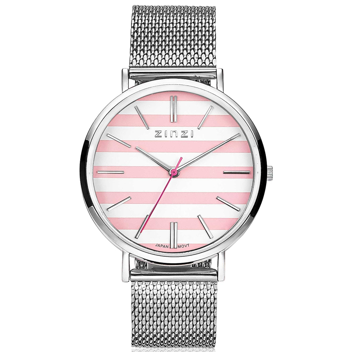 Orologio in acciaio color argento con quadrante a strisce rosa e cinturino a maglia rolò.