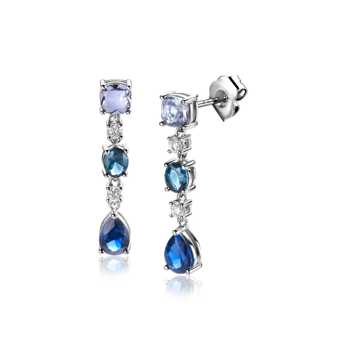 Orecchini in argento con pietre blu e trasparenti, forma a goccia e quadrata.