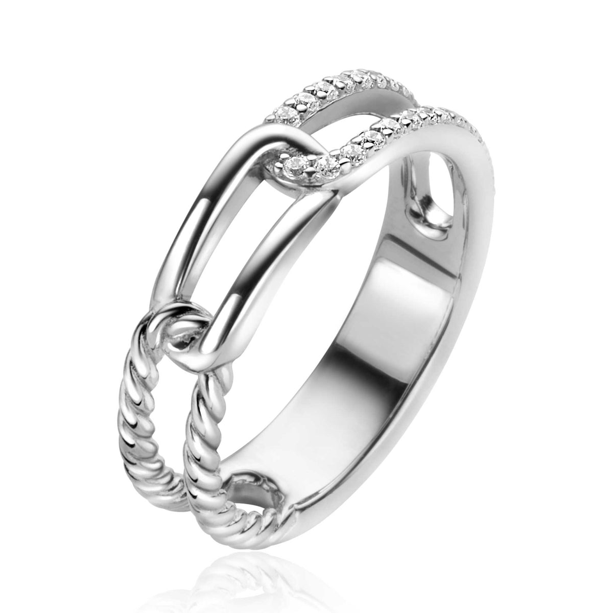 Anello in argento con dettagli intrecciati e zirconia.