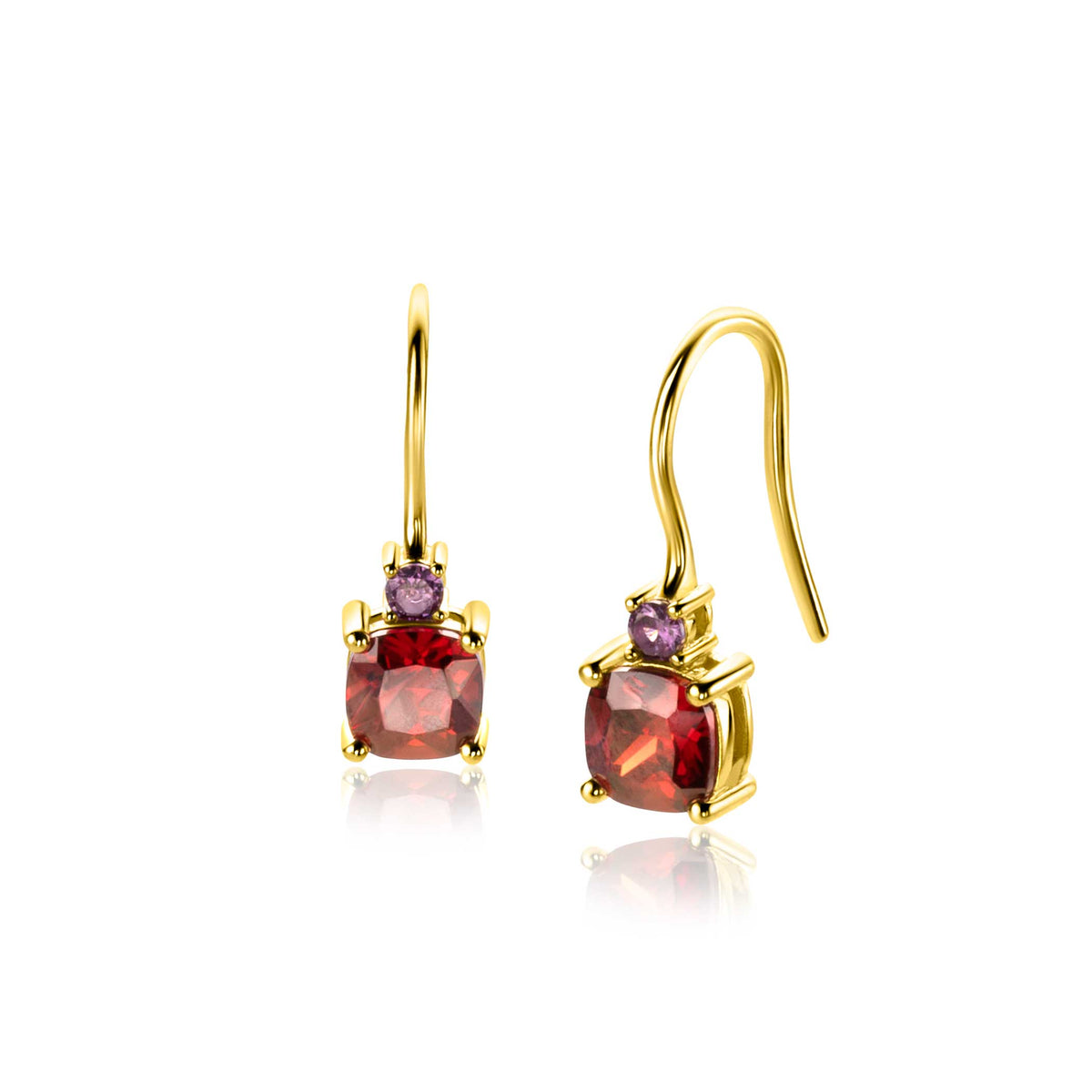 Orecchini placcati oro con pietre rosse e viola, design a goccia.