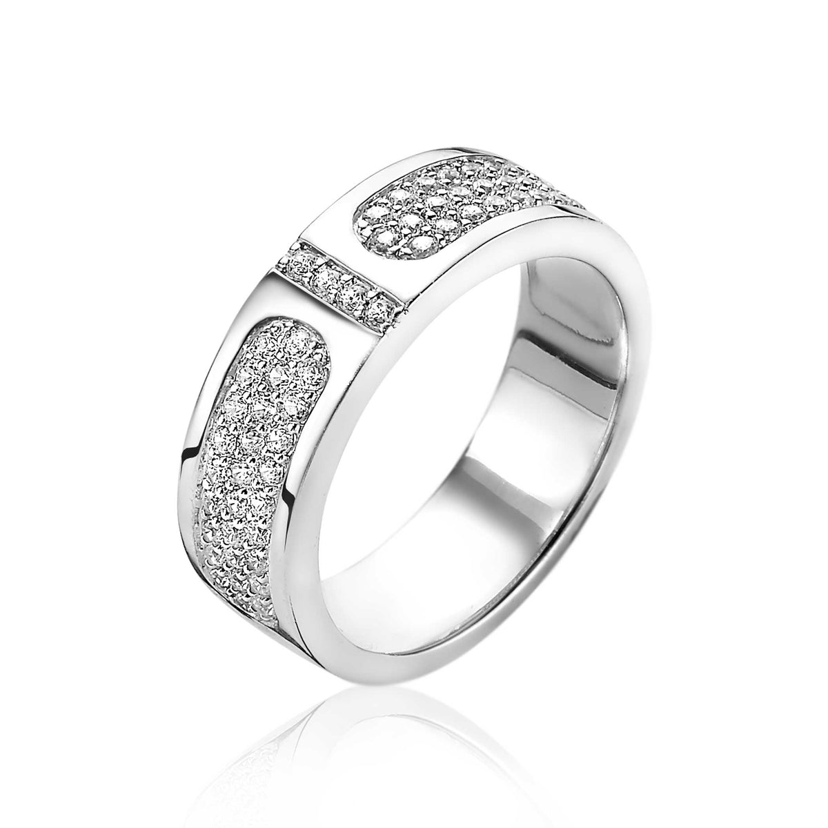 Anello in argento con dettagli in zirconia, finitura lucida e design moderno.