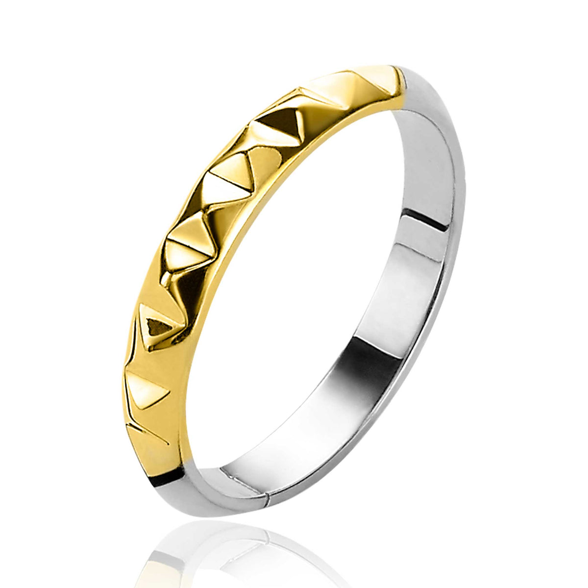 anello placcato oro con dettagli geometrici argentati