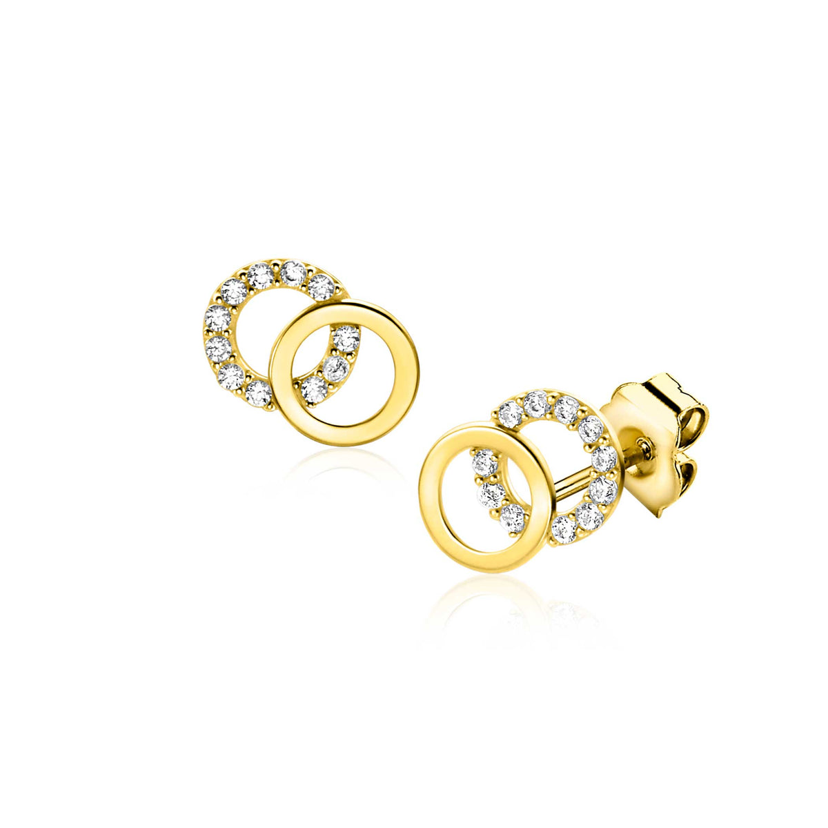 Orecchini in oro con due cerchi, decorati con zirconi brillanti.