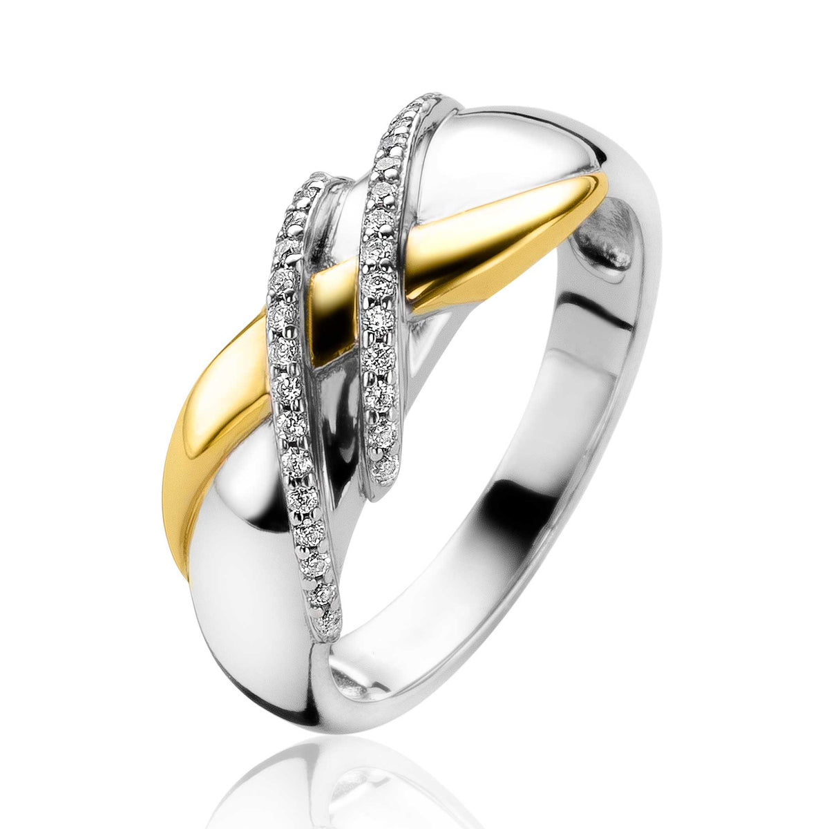 Anello in argento con dettagli dorati e zirconi, design intrecciato.