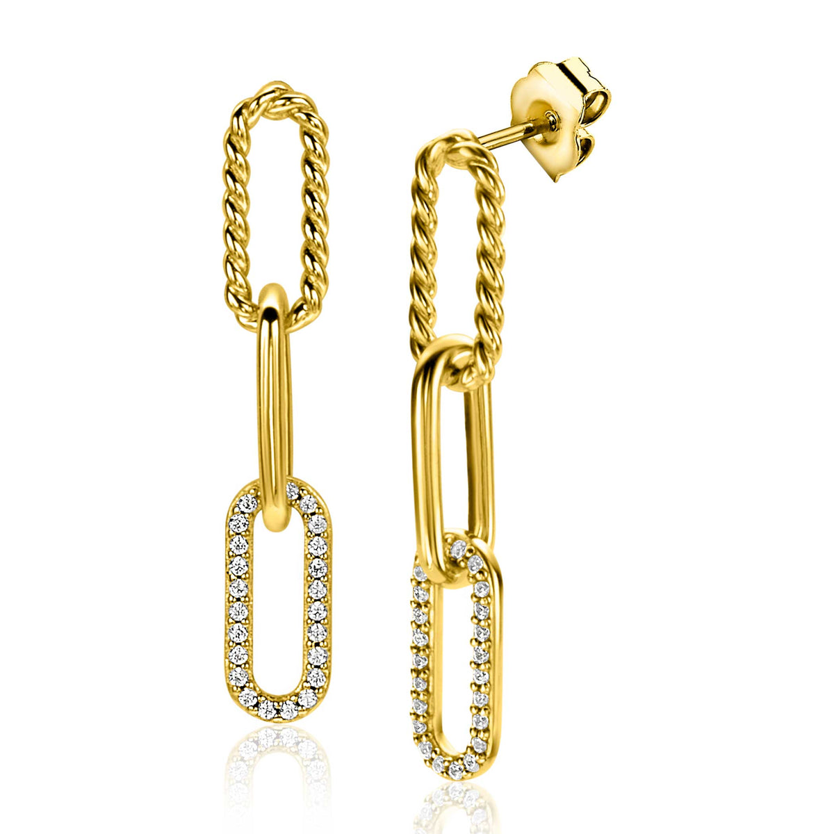 Orecchini in oro con catena e dettagli di strass, pendenti e di forma allungata.
