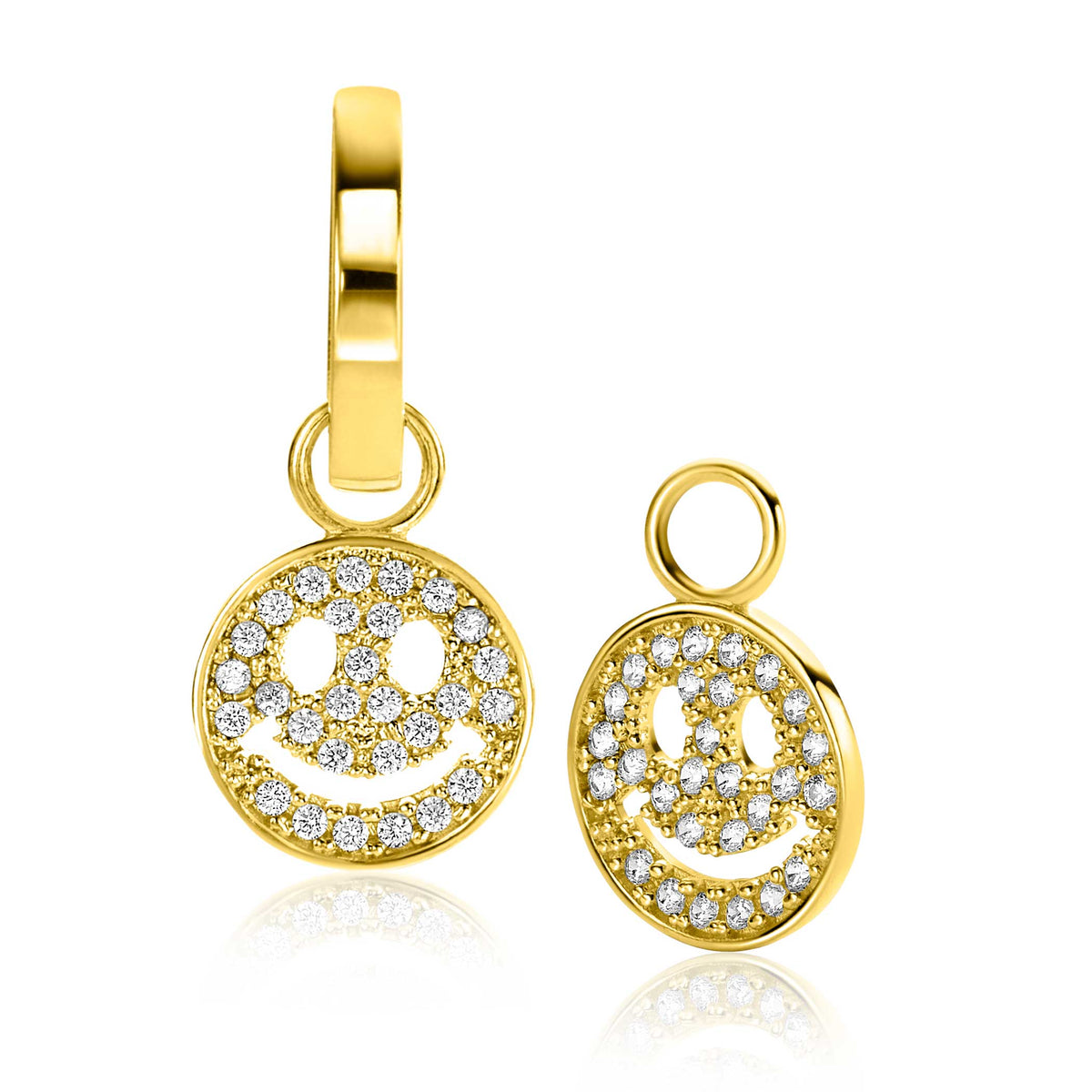 Orecchini in oro con pendente a forma di smiley, decorati con zirconi.