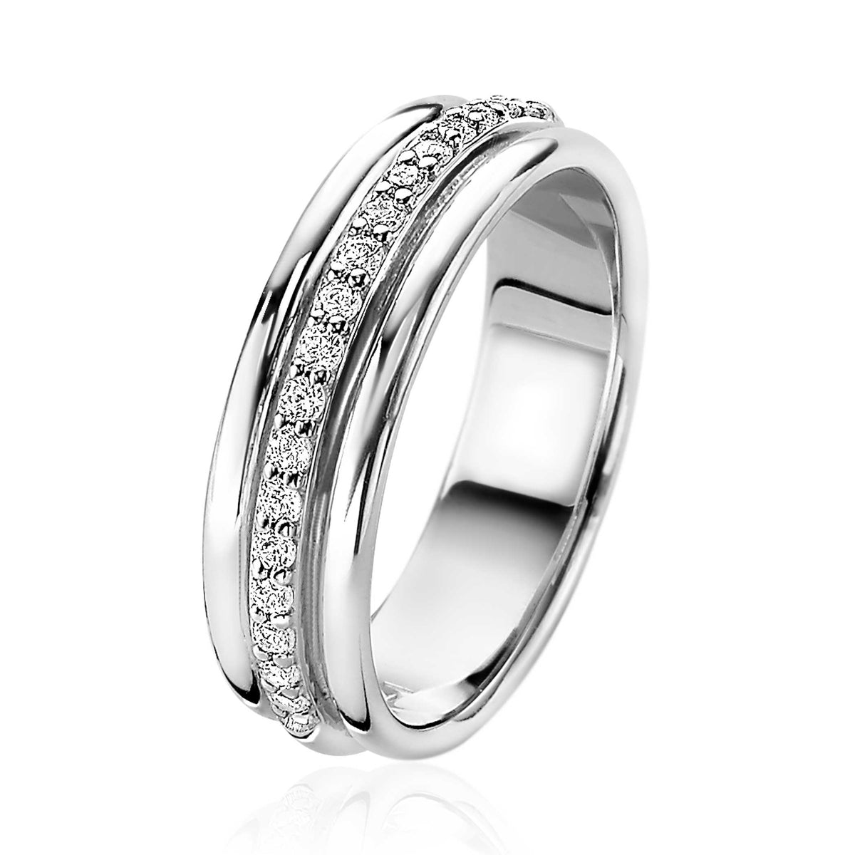 Anello in argento con due fasce, una decorata con zirconi.