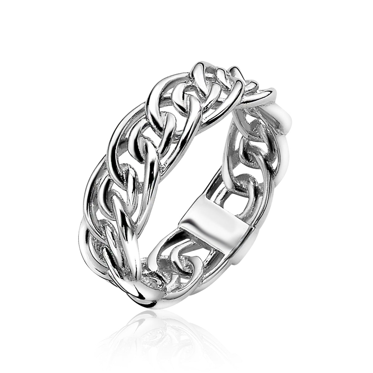 Anello in argento con design intrecciato e chiusura a scatto.