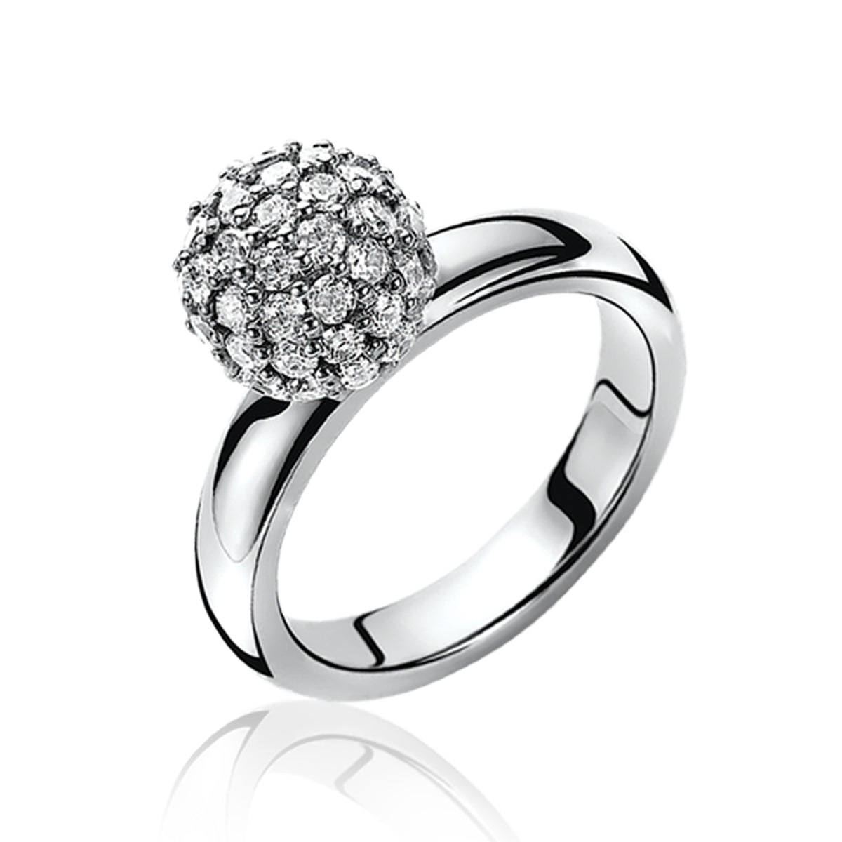 Anello in argento con sfera decorata di zirconi brillanti.