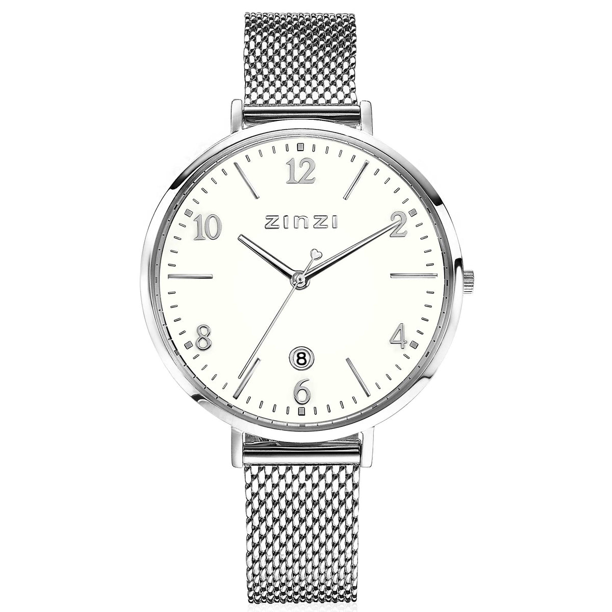 Orologio in acciaio argentato con quadrante bianco e cinturino a maglia rolò.