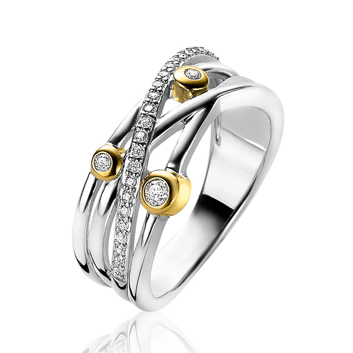 Anello placcato oro con dettagli in argento e zirconi.