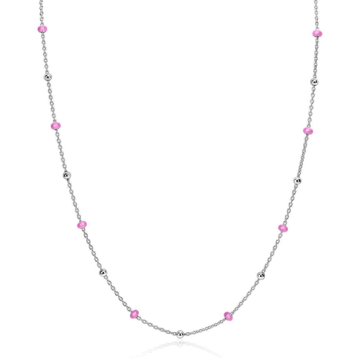 Collana in argento con dettagli rosa e sfere metalliche.