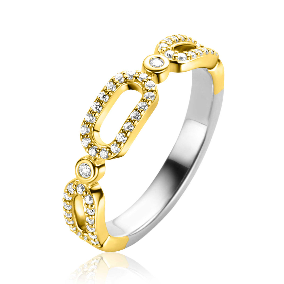 Anello placcato oro con dettagli in zirconia e forma intrecciata.