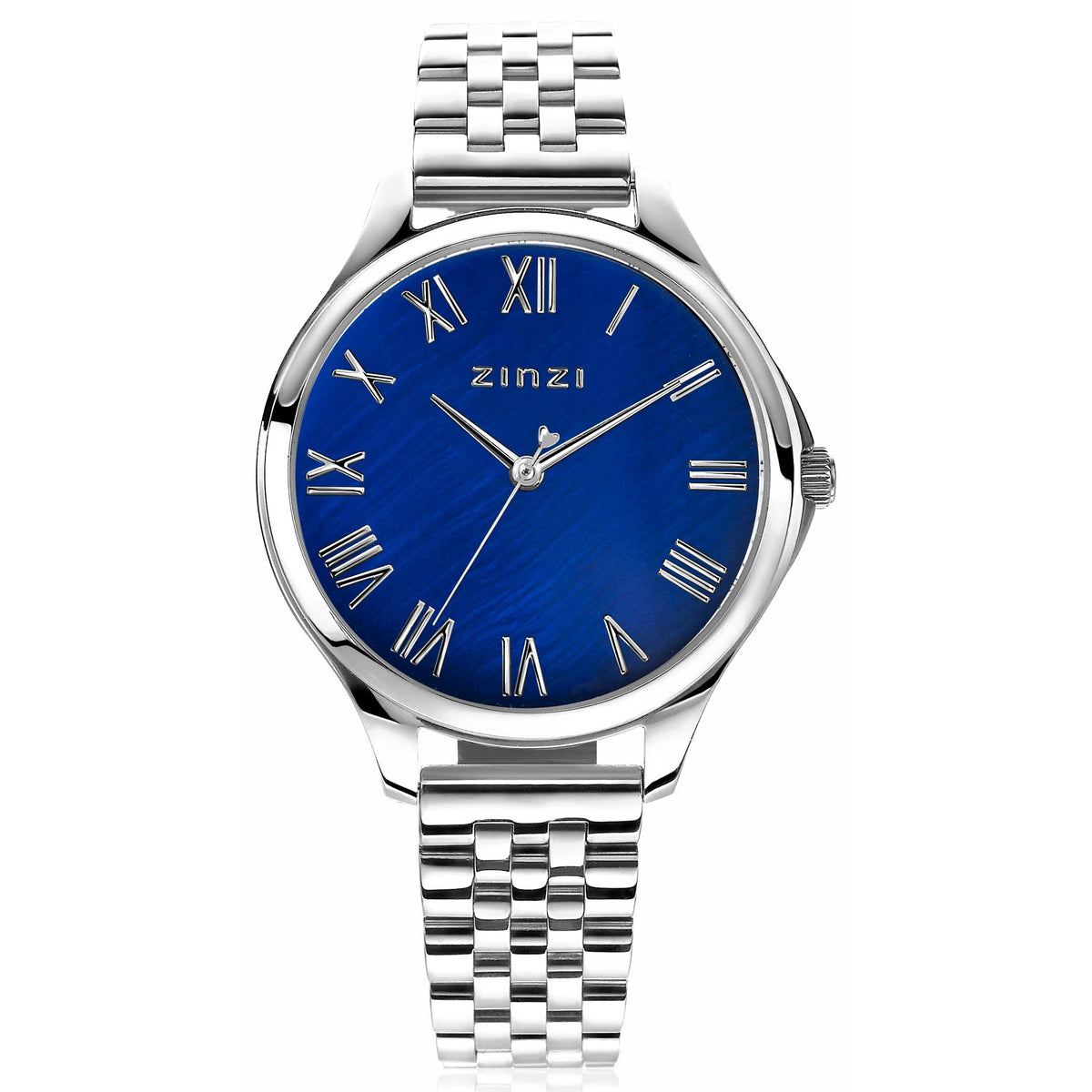 Orologio in acciaio argentato con quadrante blu e numeri romani.