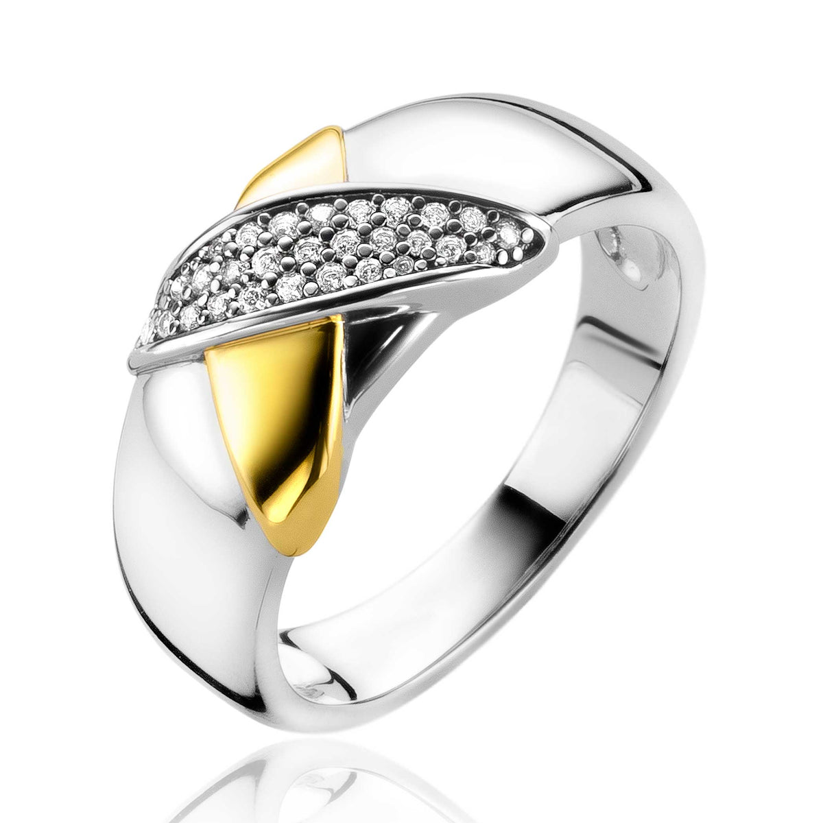 Anello placcato oro con dettagli in argento e zirconi.