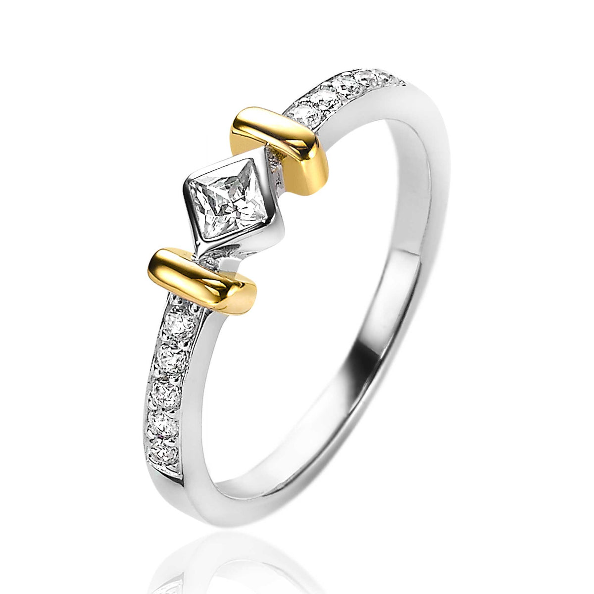 Anello placcato oro con pietra quadrata e dettagli in argento.