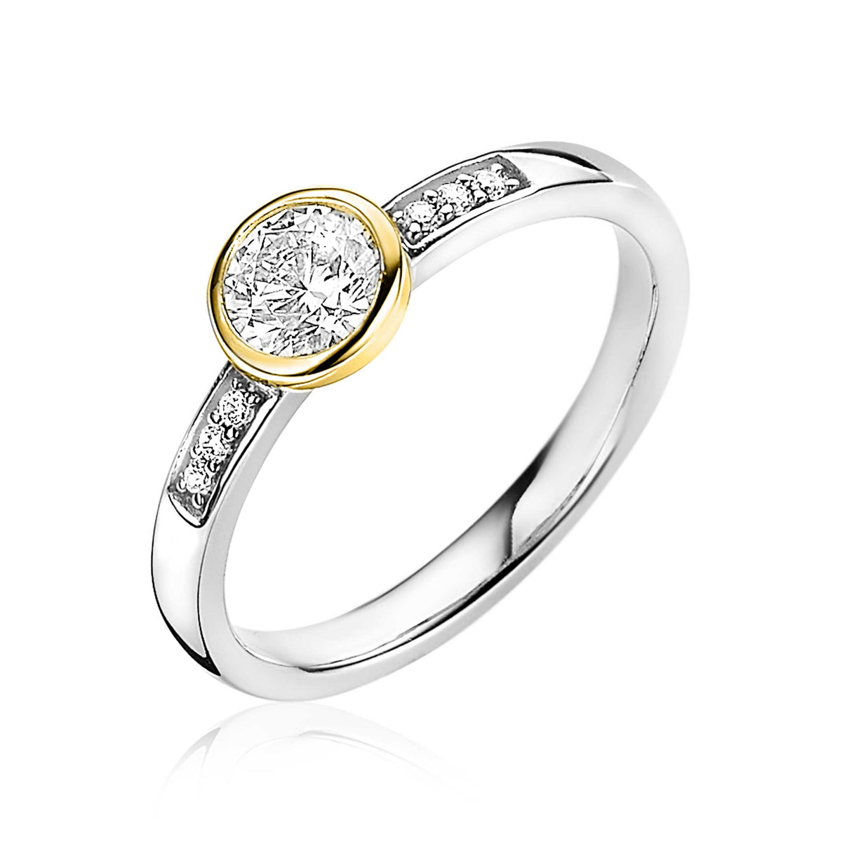 Anello placcato oro con pietra centrale brillante e dettagli in argento.