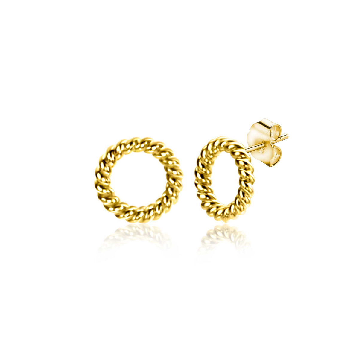 Orecchini in oro con design a corda, forma rotonda e chiusura a perno.