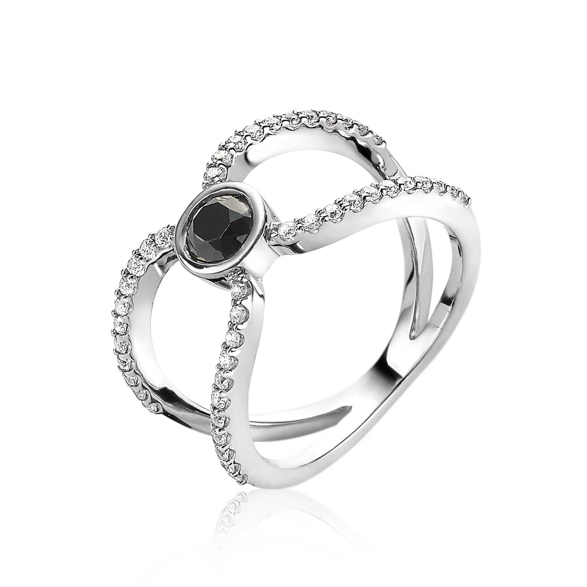 Anello in argento con pietra nera centrale e dettagli di zirconi.
