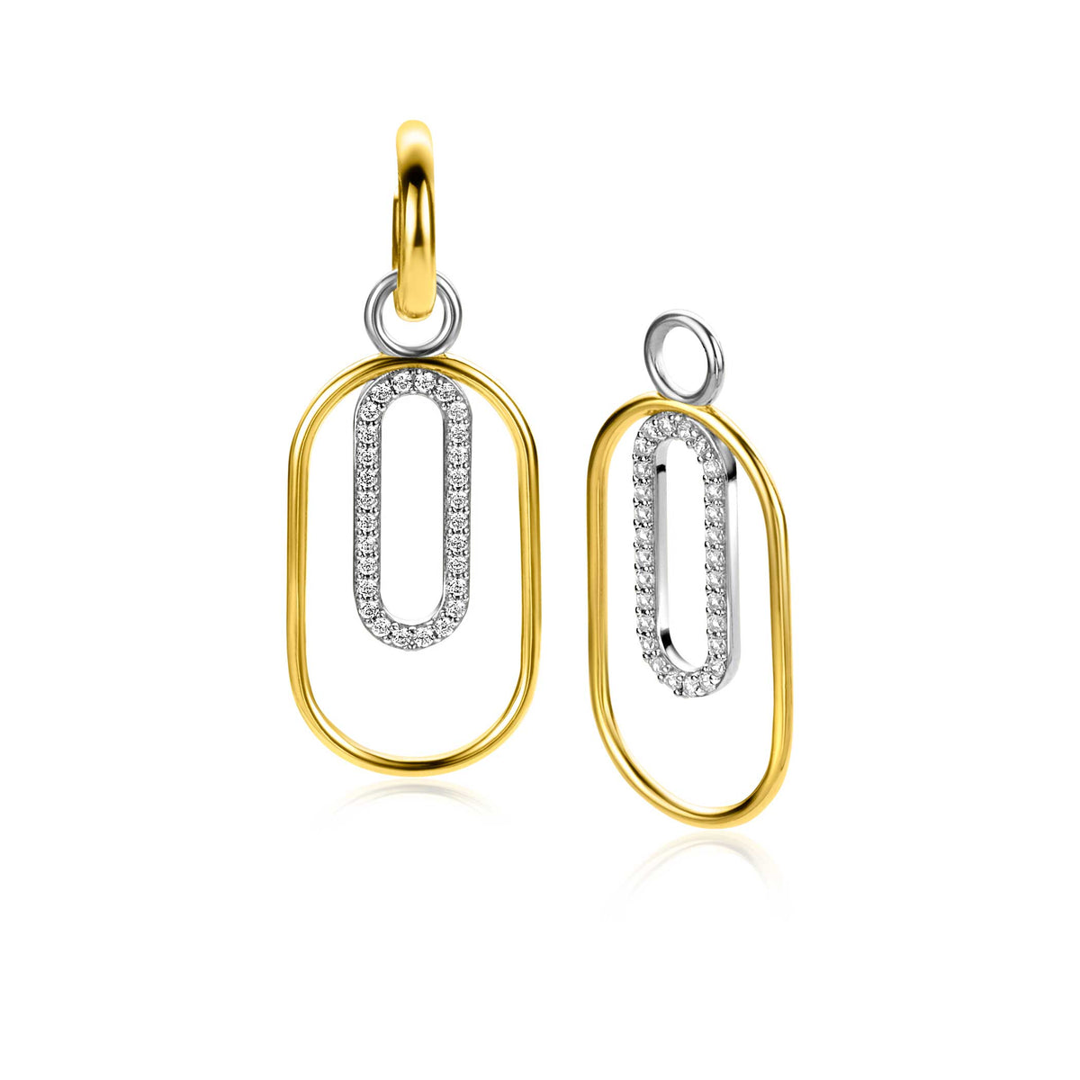 Orecchini in metallo dorato con dettagli in argento e zirconi, forma ovale.