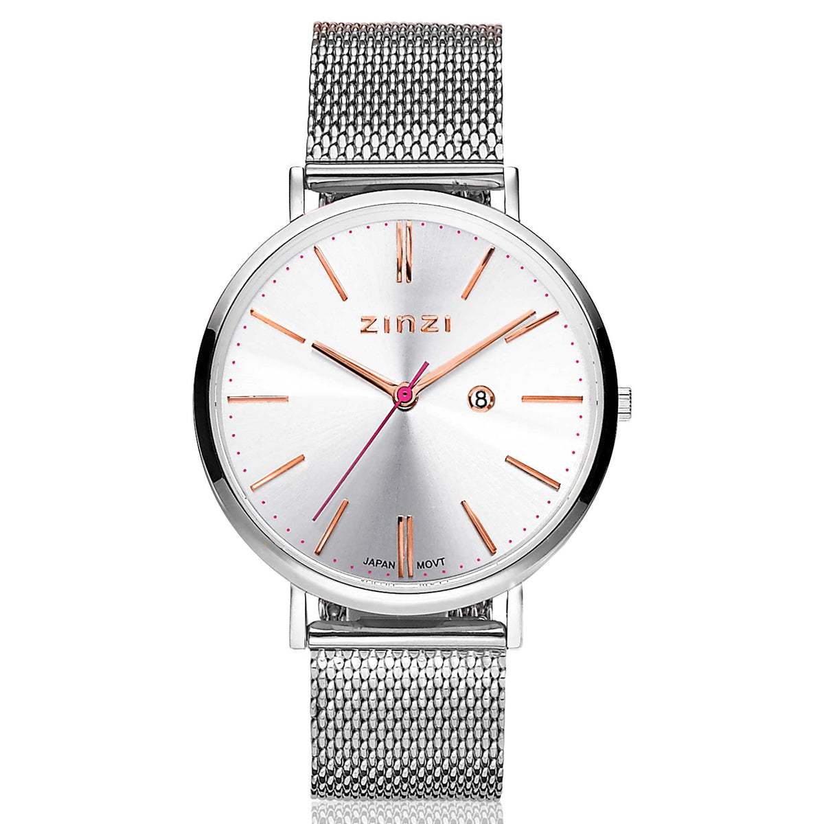 Orologio in acciaio argentato con quadrante argentato e dettagli rosa, cinturino a maglia rolò.