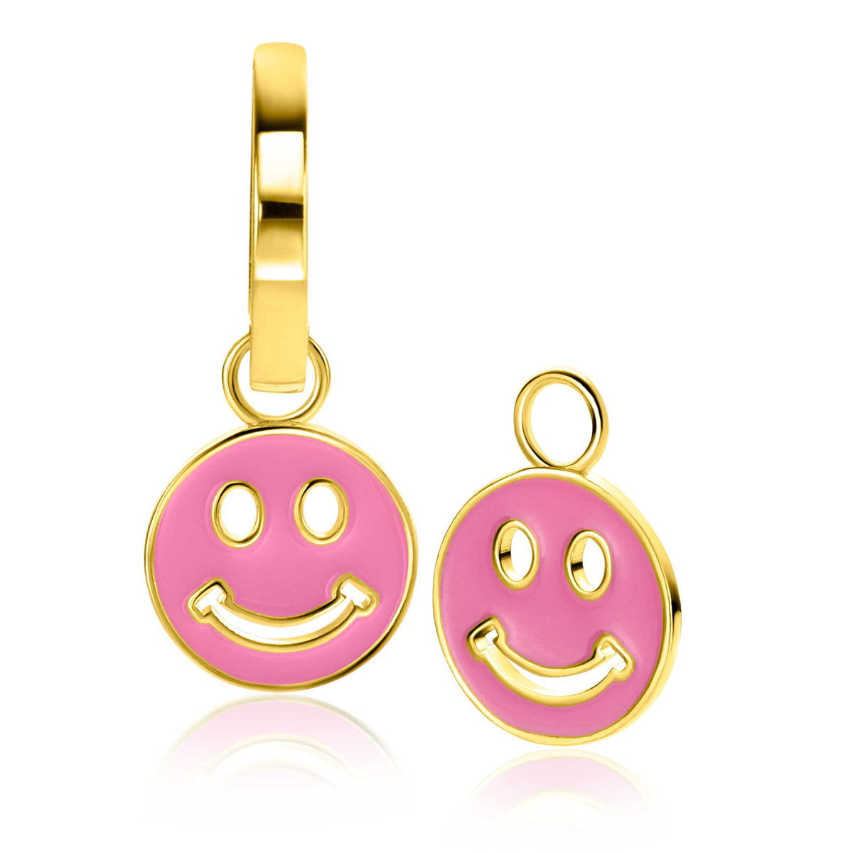 Orecchini placcati oro con pendente a forma di sorriso rosa.