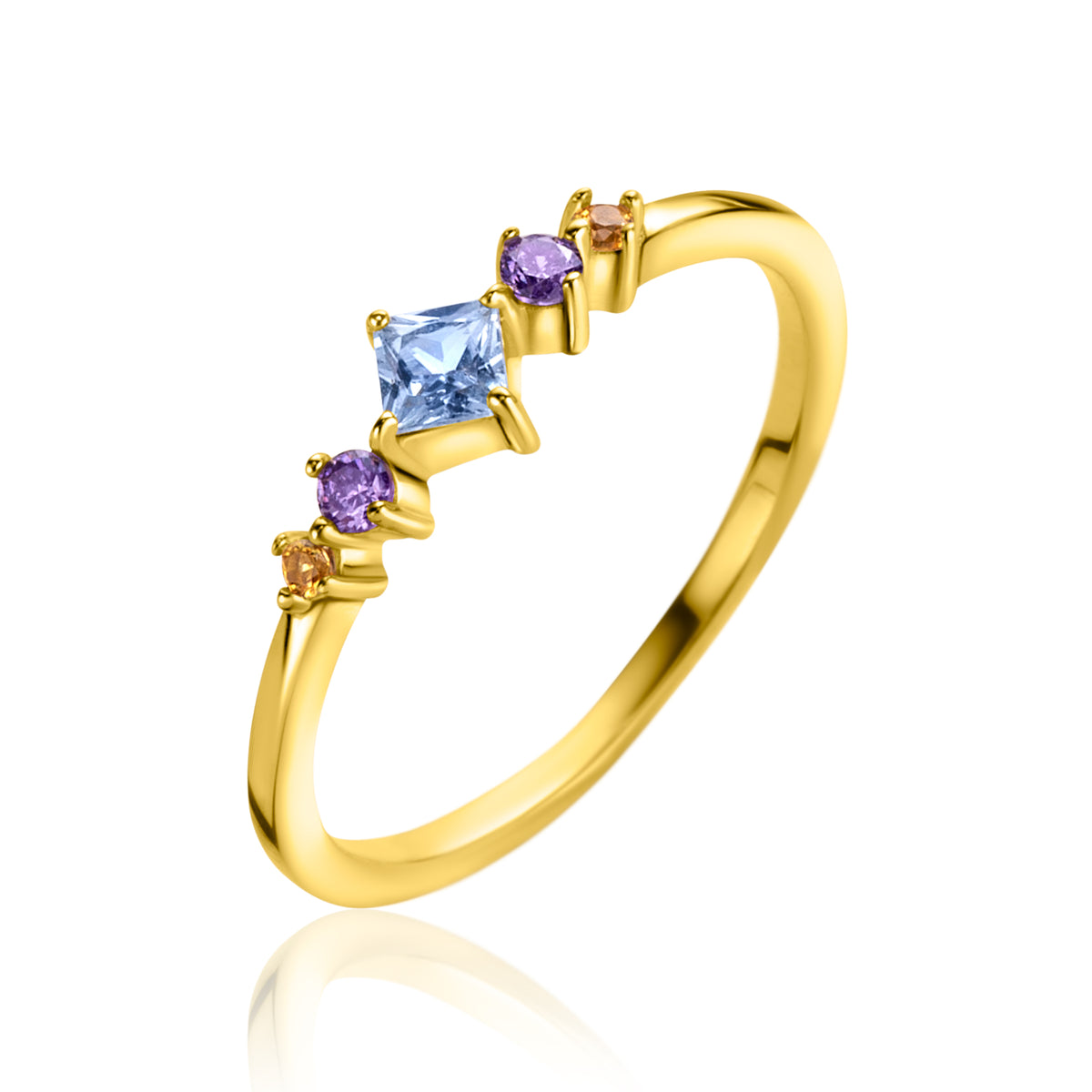 Anello placcato oro con pietre blu e viola, design semplice e moderno.