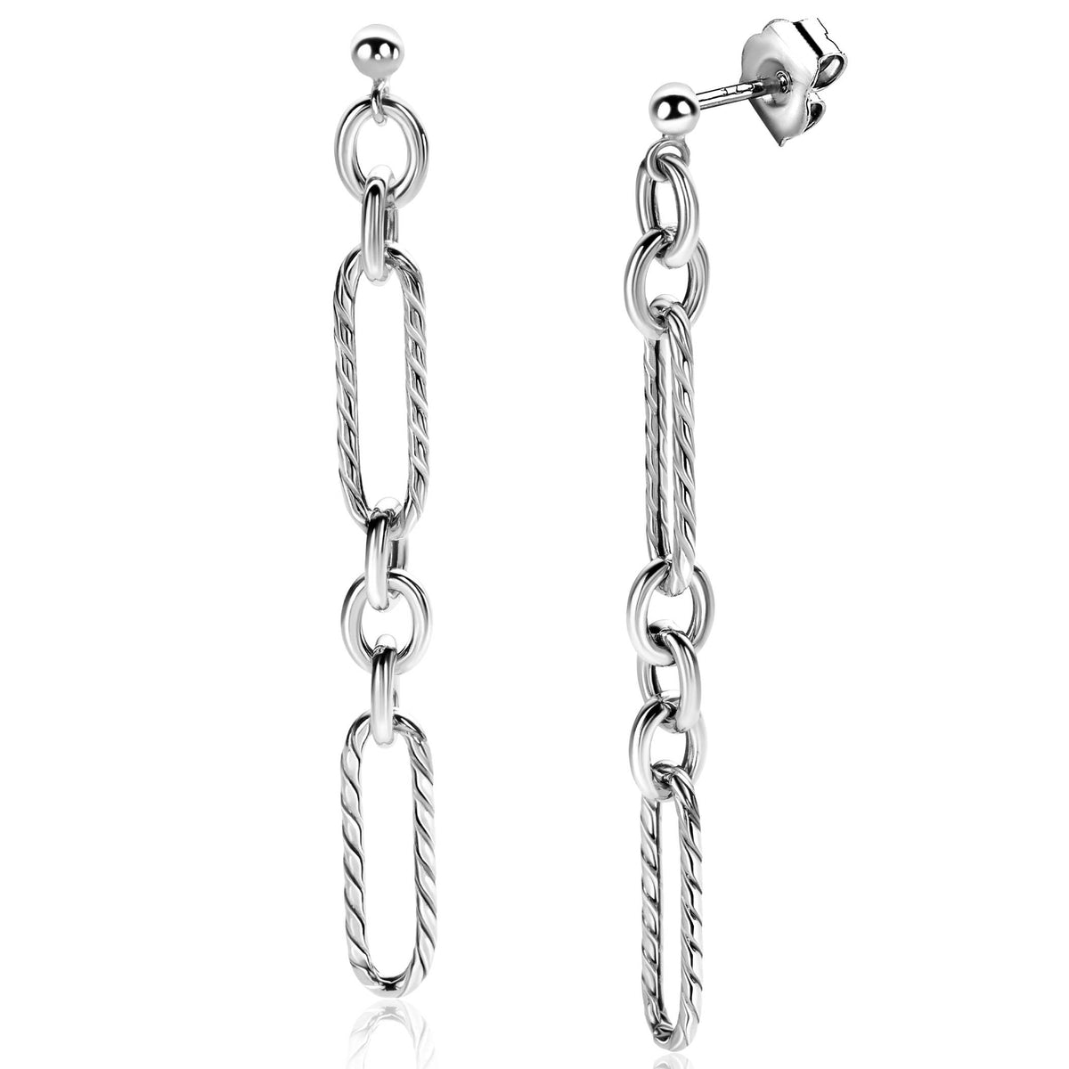 Orecchini pendenti in argento con maglie rolò e catena.