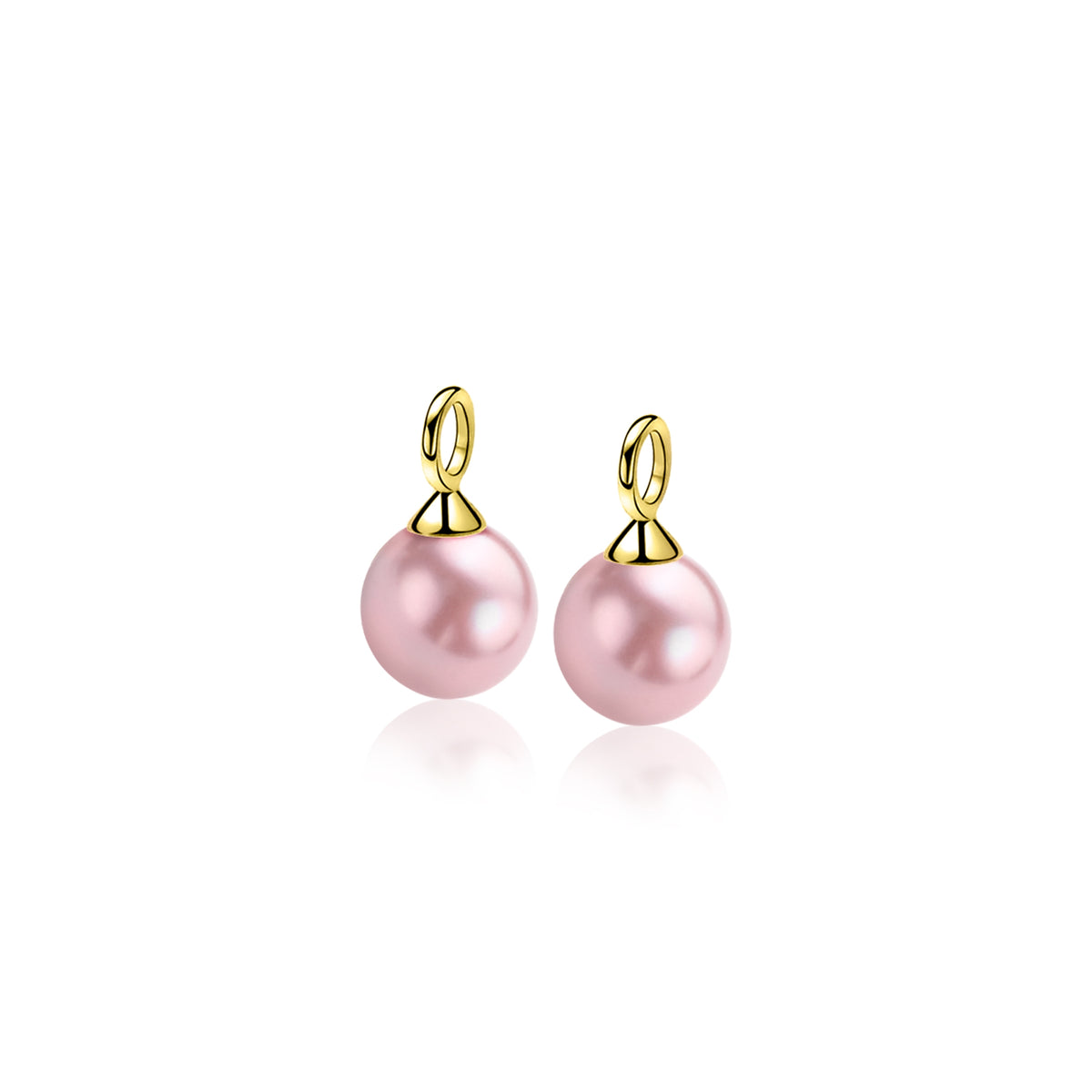 Orecchini in oro con perle rosa lucide.