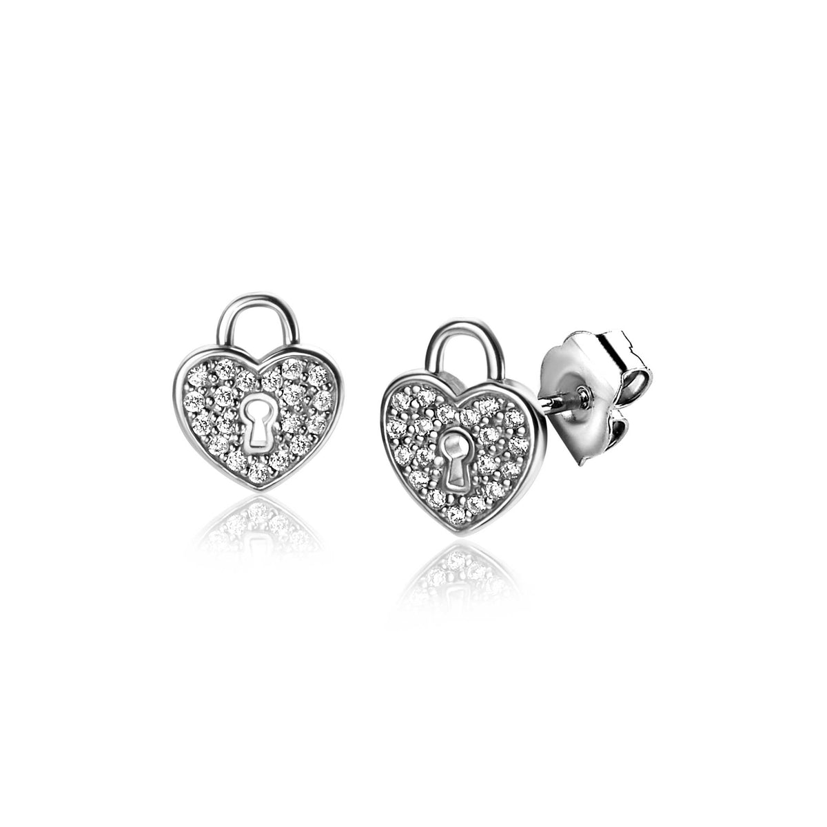 Orecchini a forma di cuore in argento con zirconi, chiusura a perno.