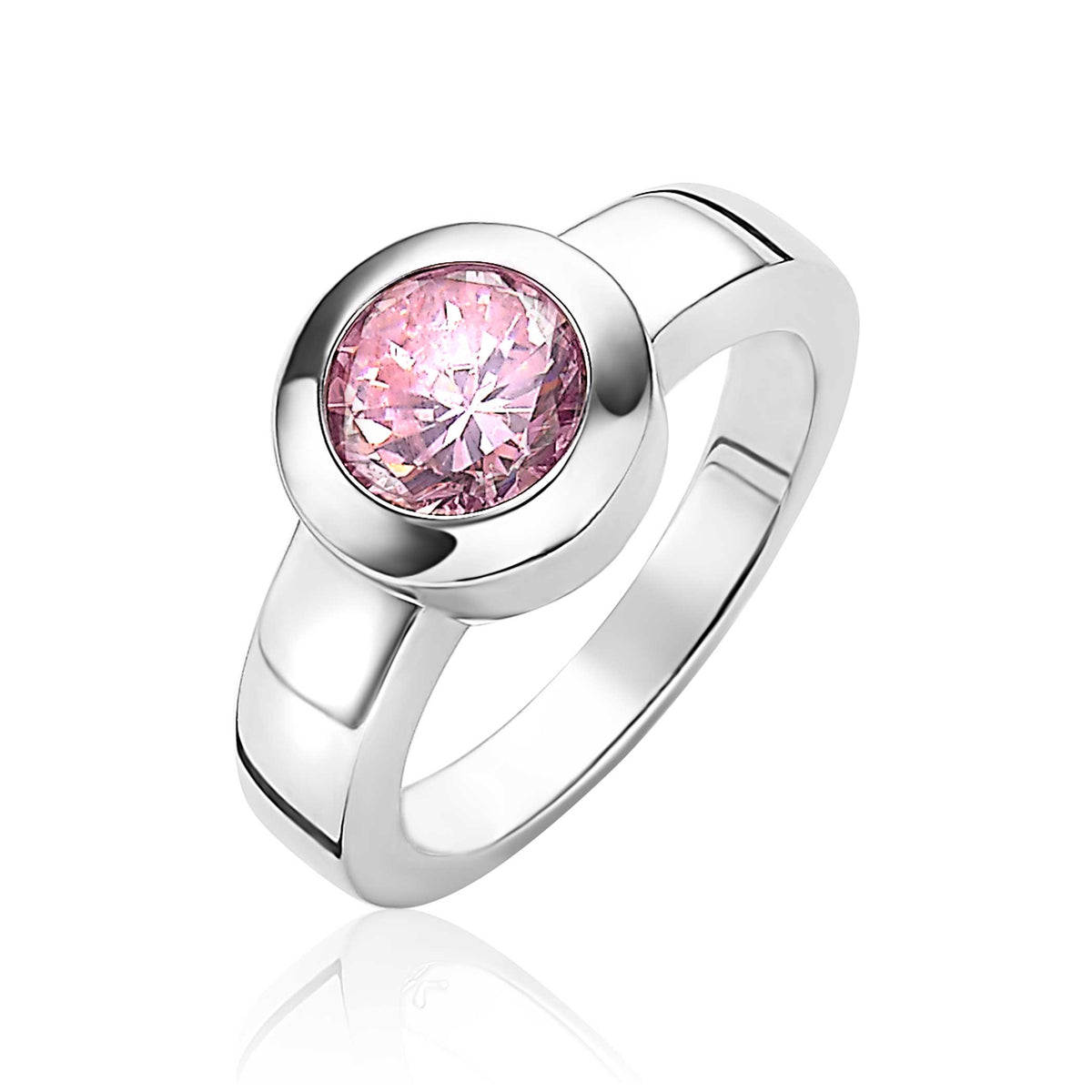 Anello in argento con pietra rosa centrale e finitura lucida.