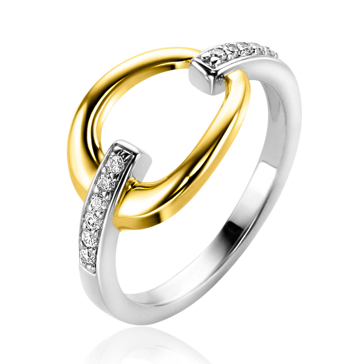 Anello placcato oro con dettagli in argento e zirconi.