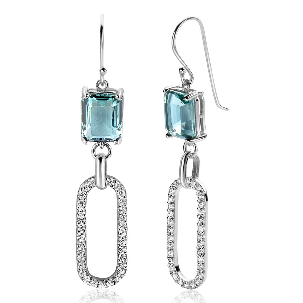 Orecchini in argento con pietra azzurra e catena decorativa in zirconia.