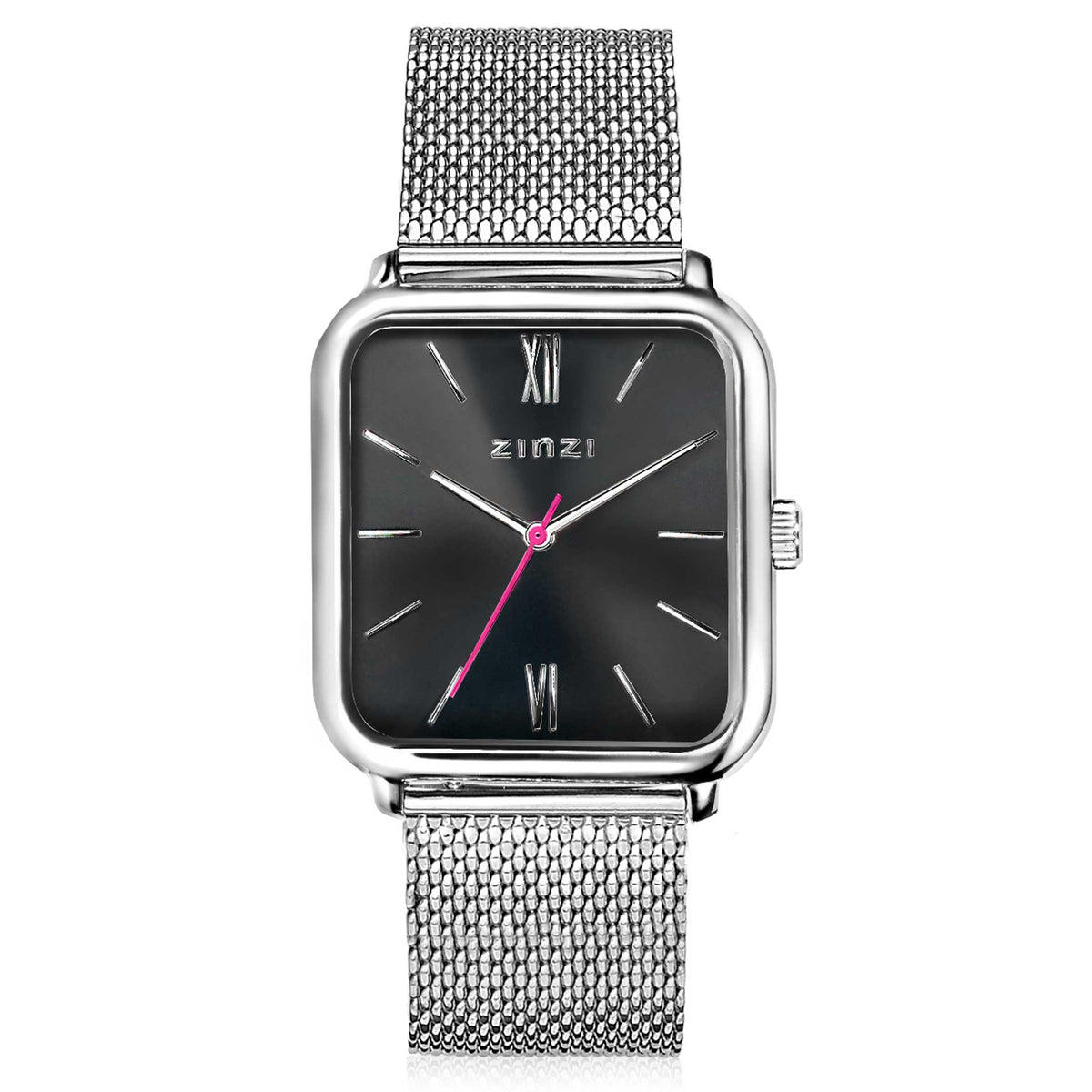 Orologio quadrato in acciaio argentato con quadrante nero e dettagli rosa.