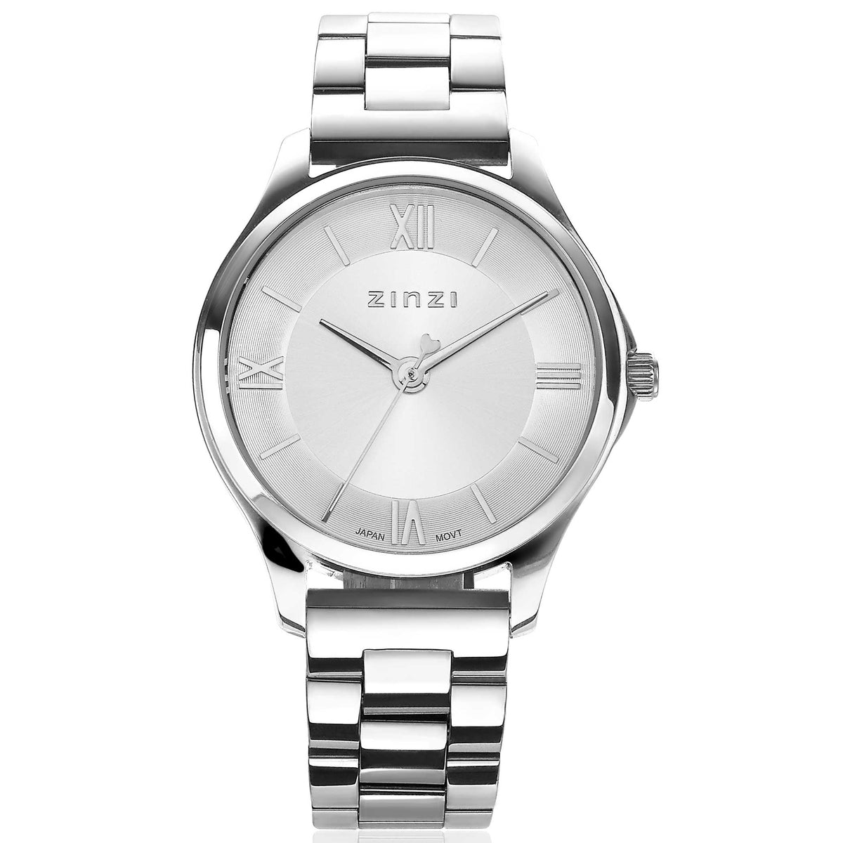 Orologio in acciaio argentato con quadrante bianco e numeri romani.