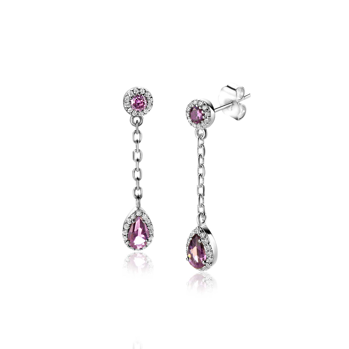 Orecchini in argento con pendenti a catena e pietre rosa a forma di goccia.