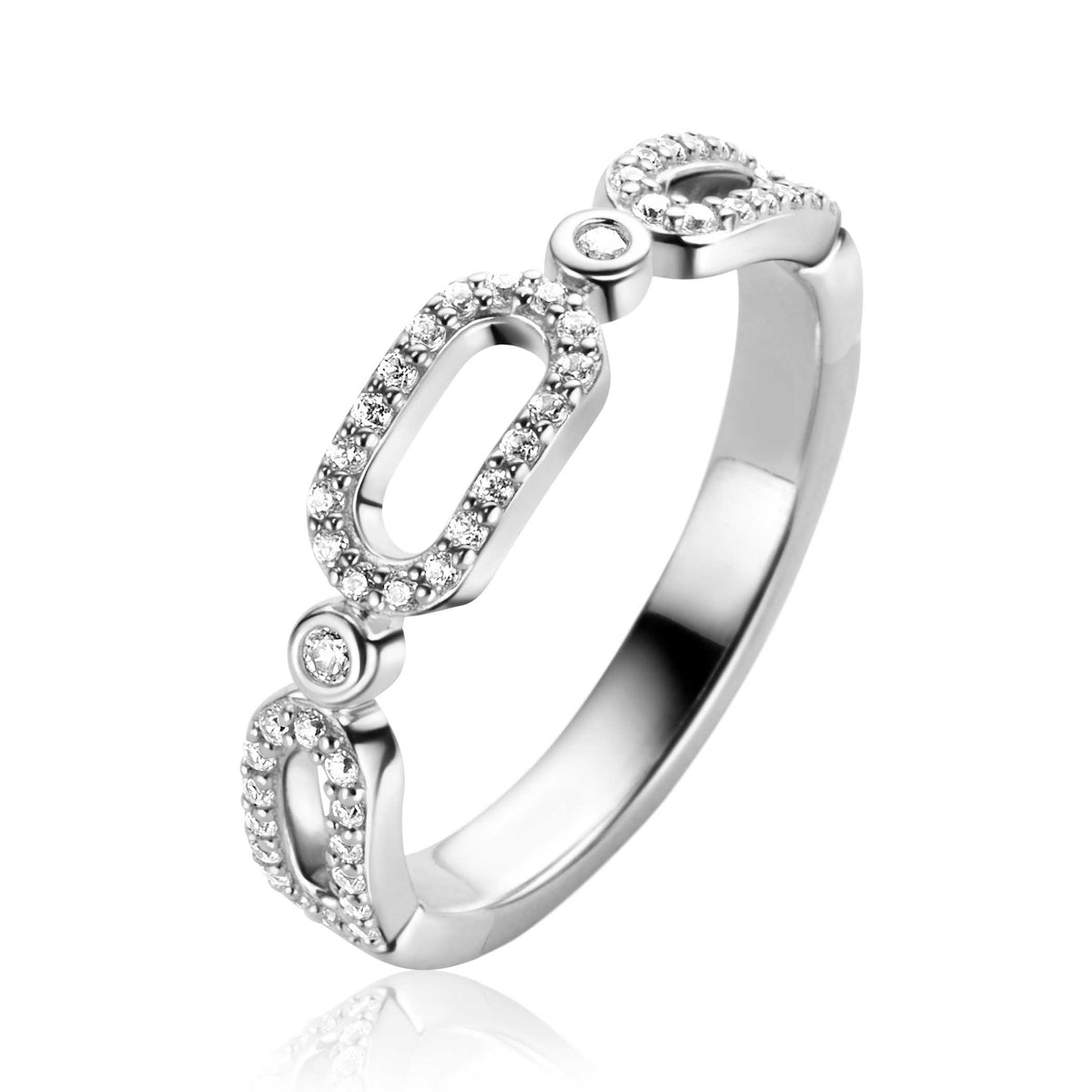 Anello in argento con dettagli ovali e zirconi.