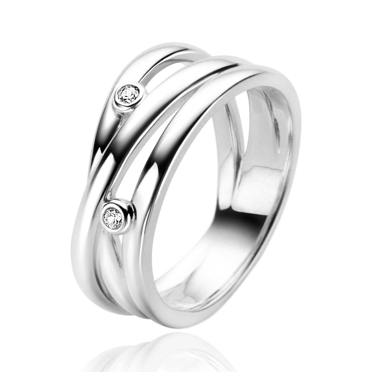 Anello in argento con due fasce intrecciate e due piccoli zirconi.