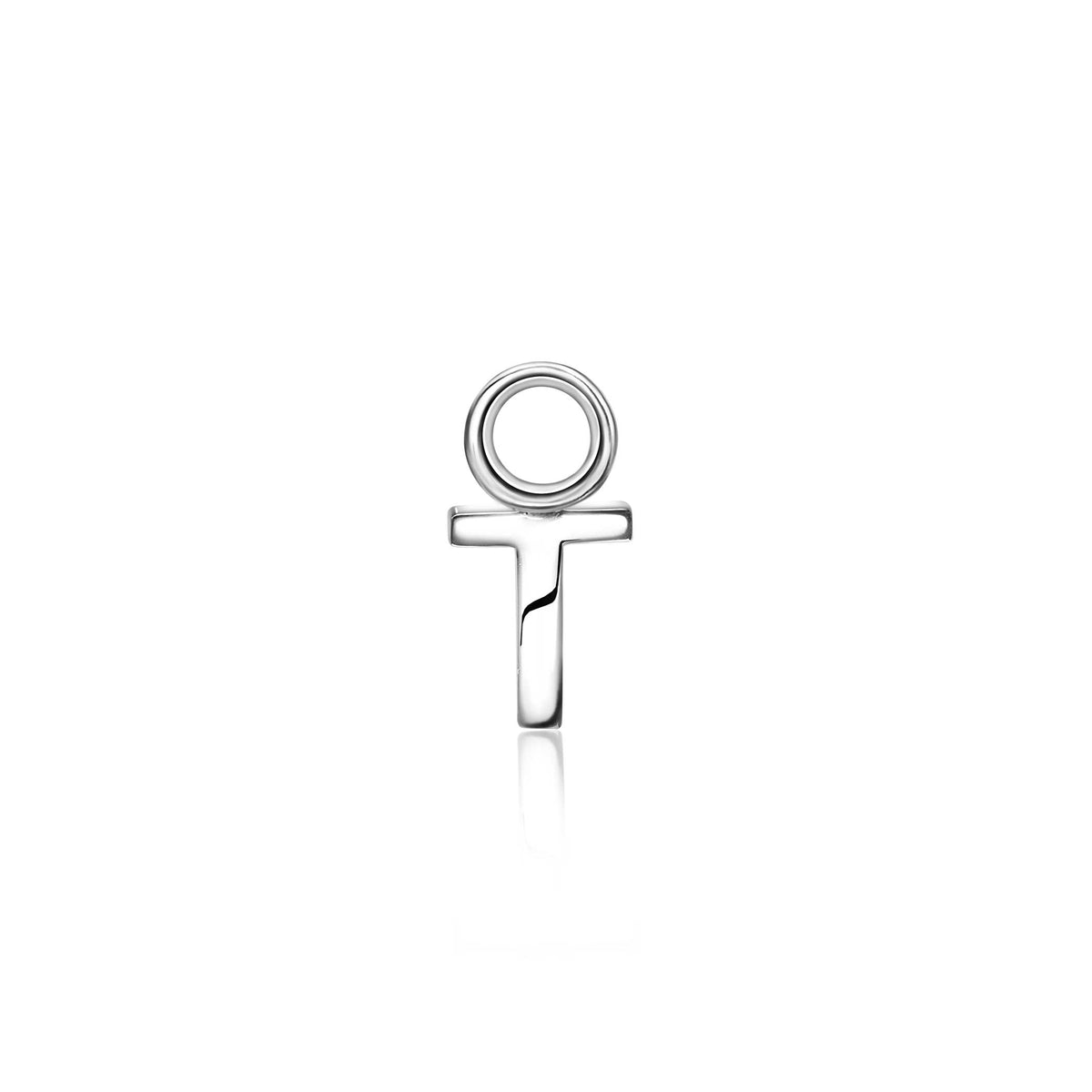 Orecchino in argento con design geometrico a forma di croce e cerchio.