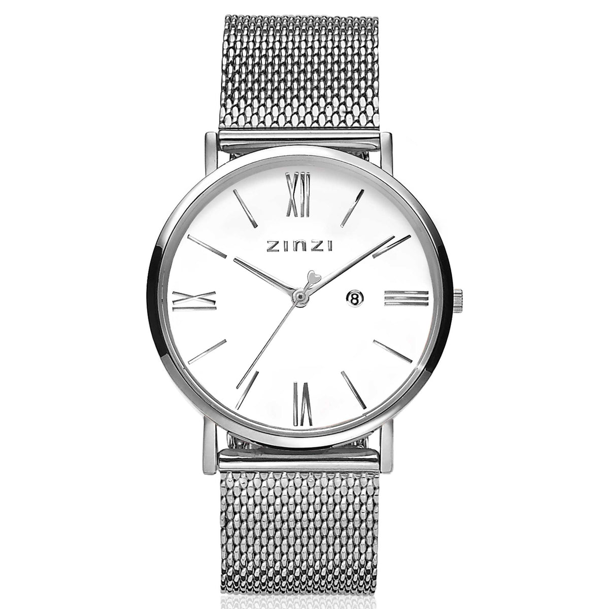 Orologio in acciaio color argento con quadrante bianco e numeri romani.