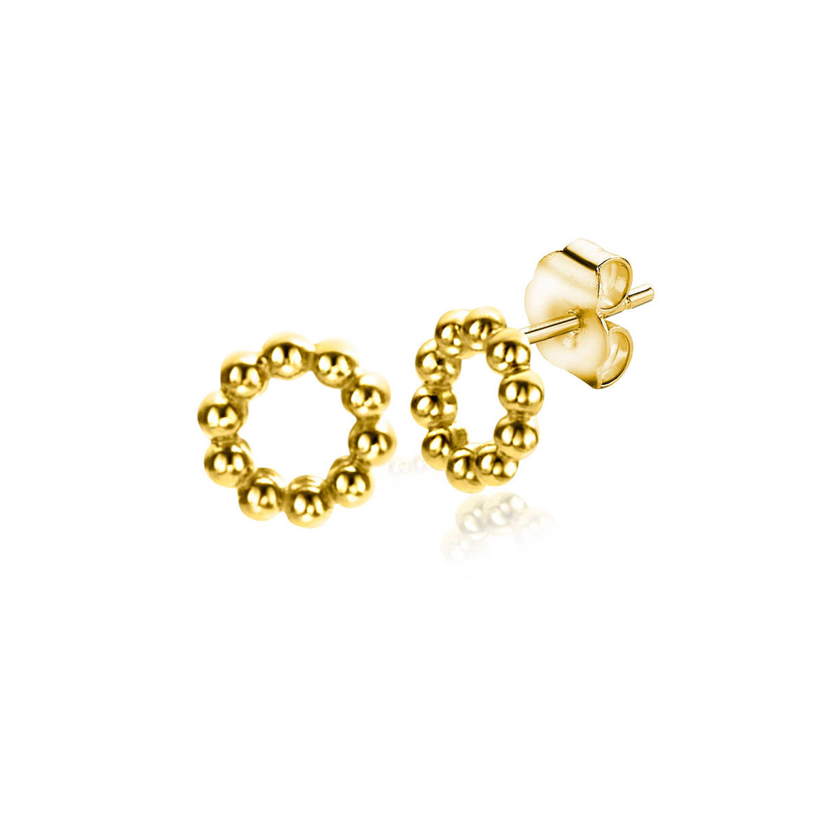 Orecchini in oro a forma di cerchio con perle sferiche.