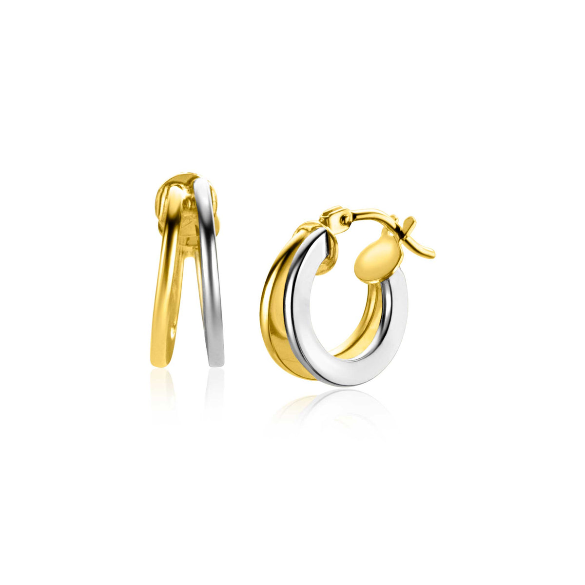 Orecchini alla creola in oro giallo e argento, con chiusura a scatto.