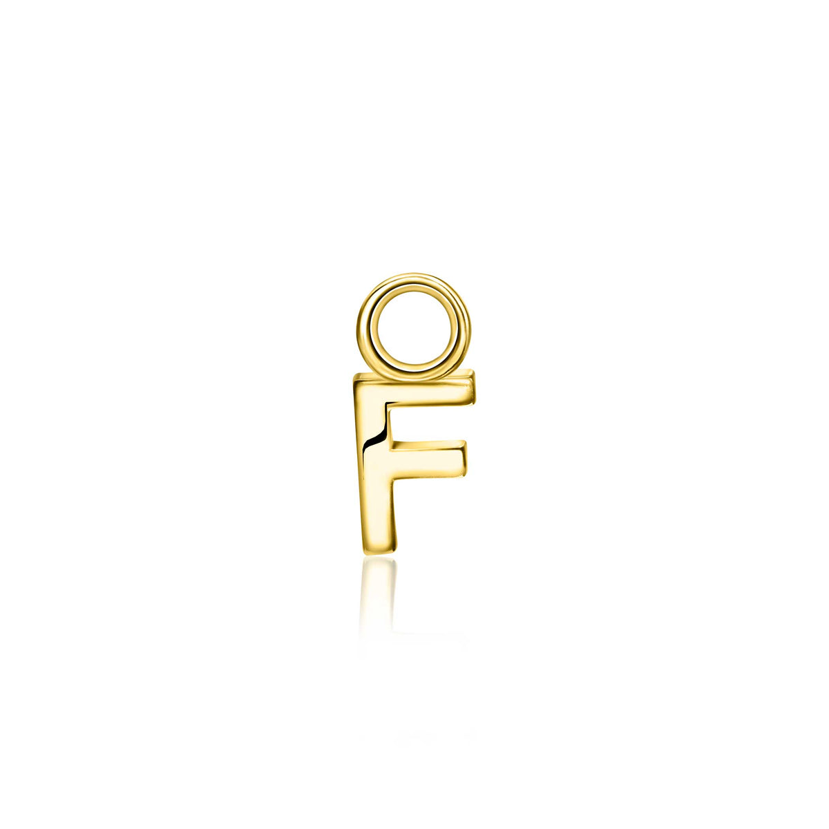 Orecchino in metallo dorato con forma stilizzata della lettera "F".