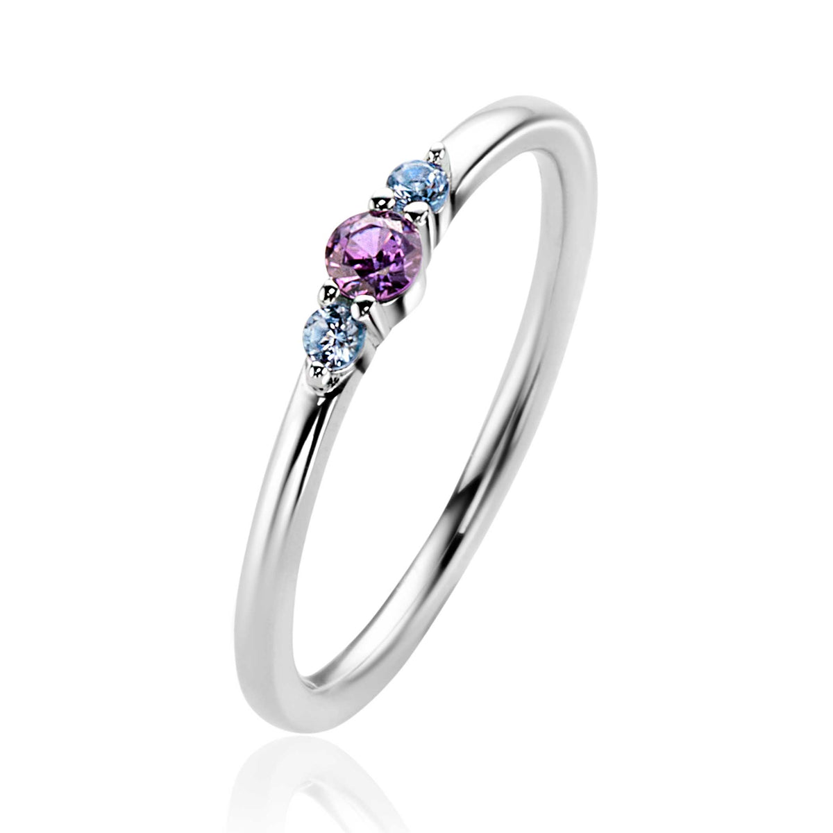 anello in argento con tre pietre, una viola e due azzurre, design sottile