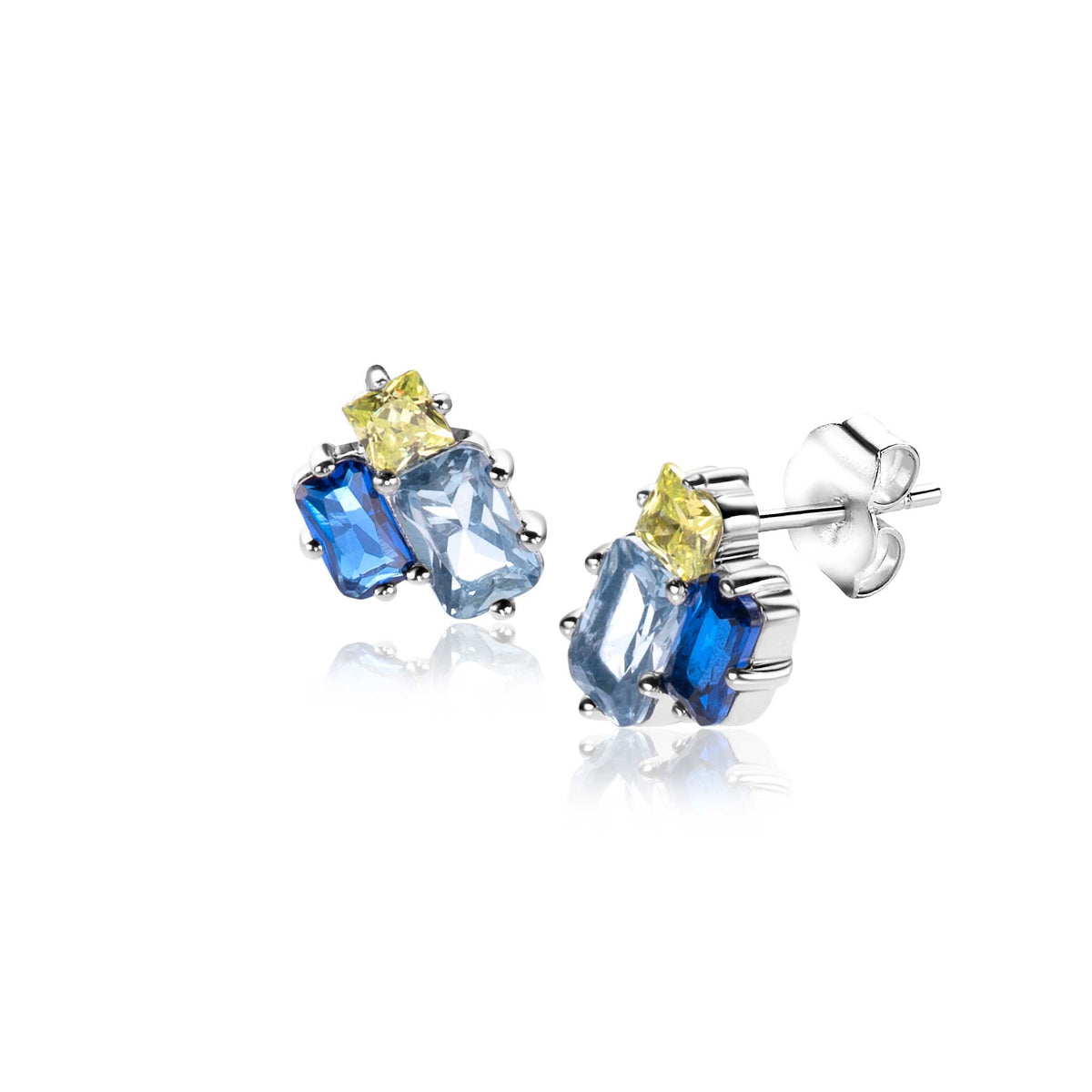 Orecchini in argento con pietre blu e gialle, design a forma di gemme.