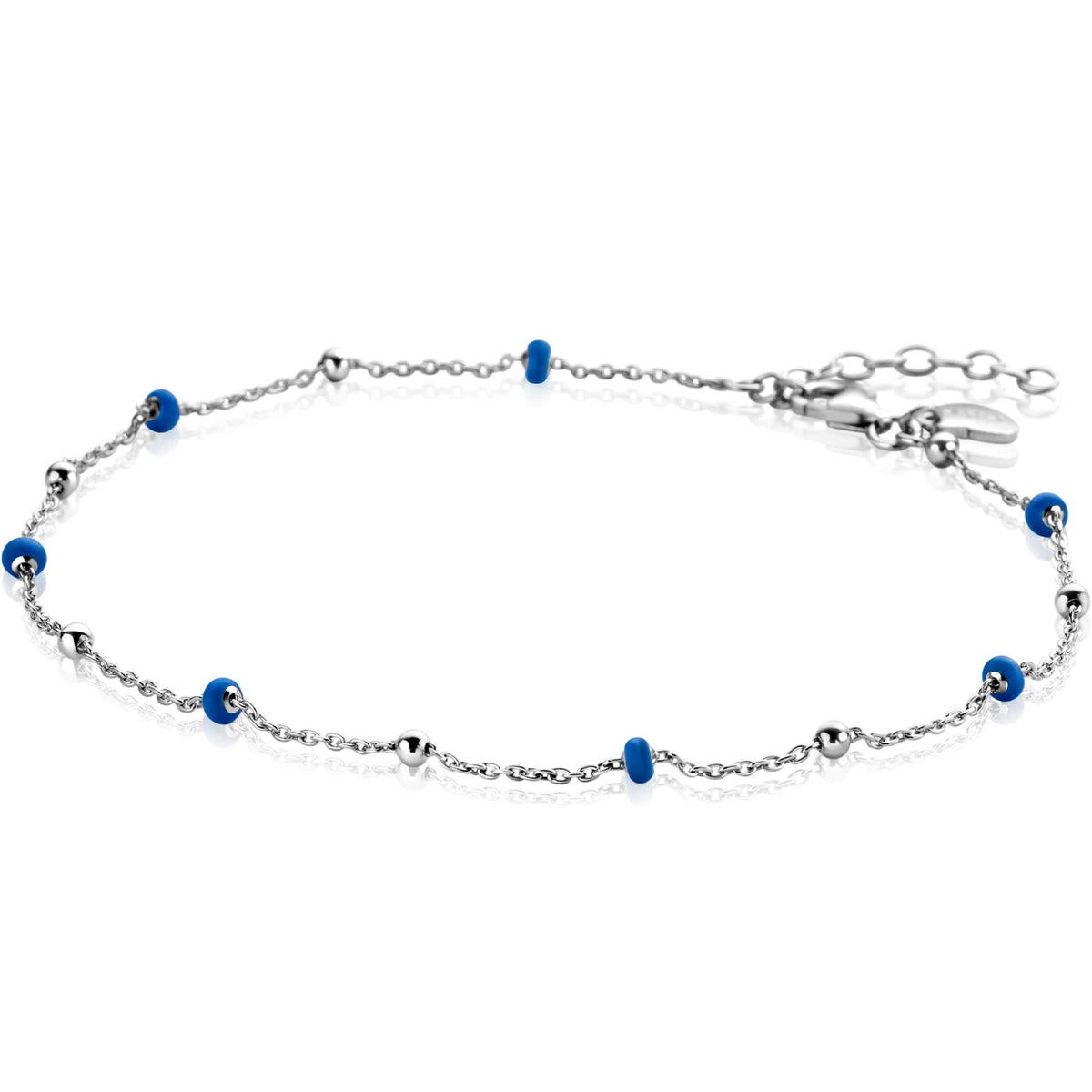 Collana in argento con perline blu e dettagli argentati.