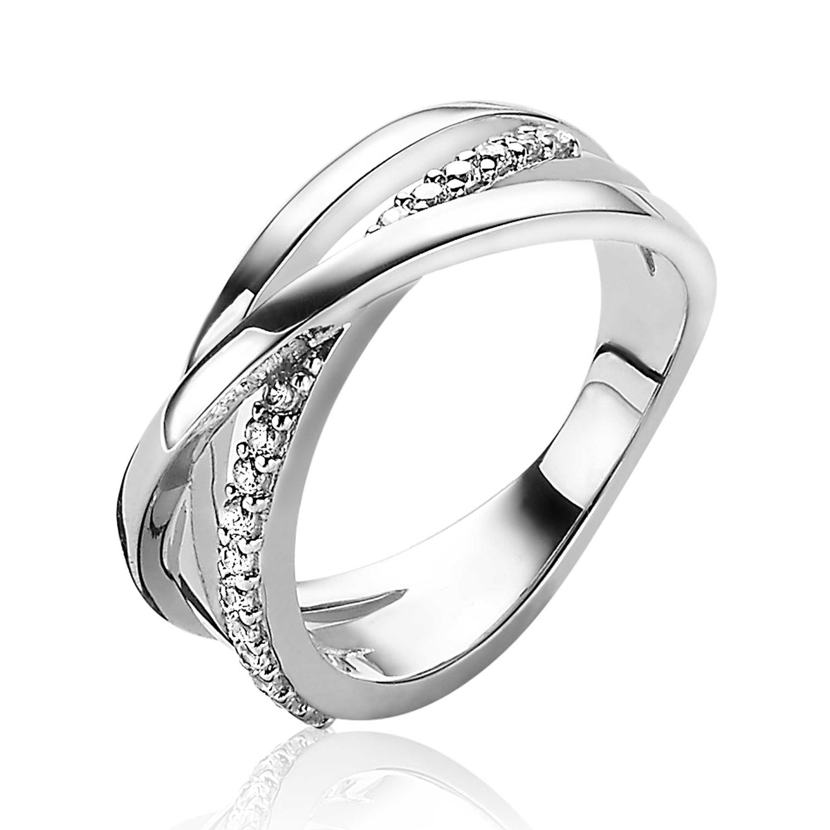 Anello in argento con dettagli incrociati e zirconi.