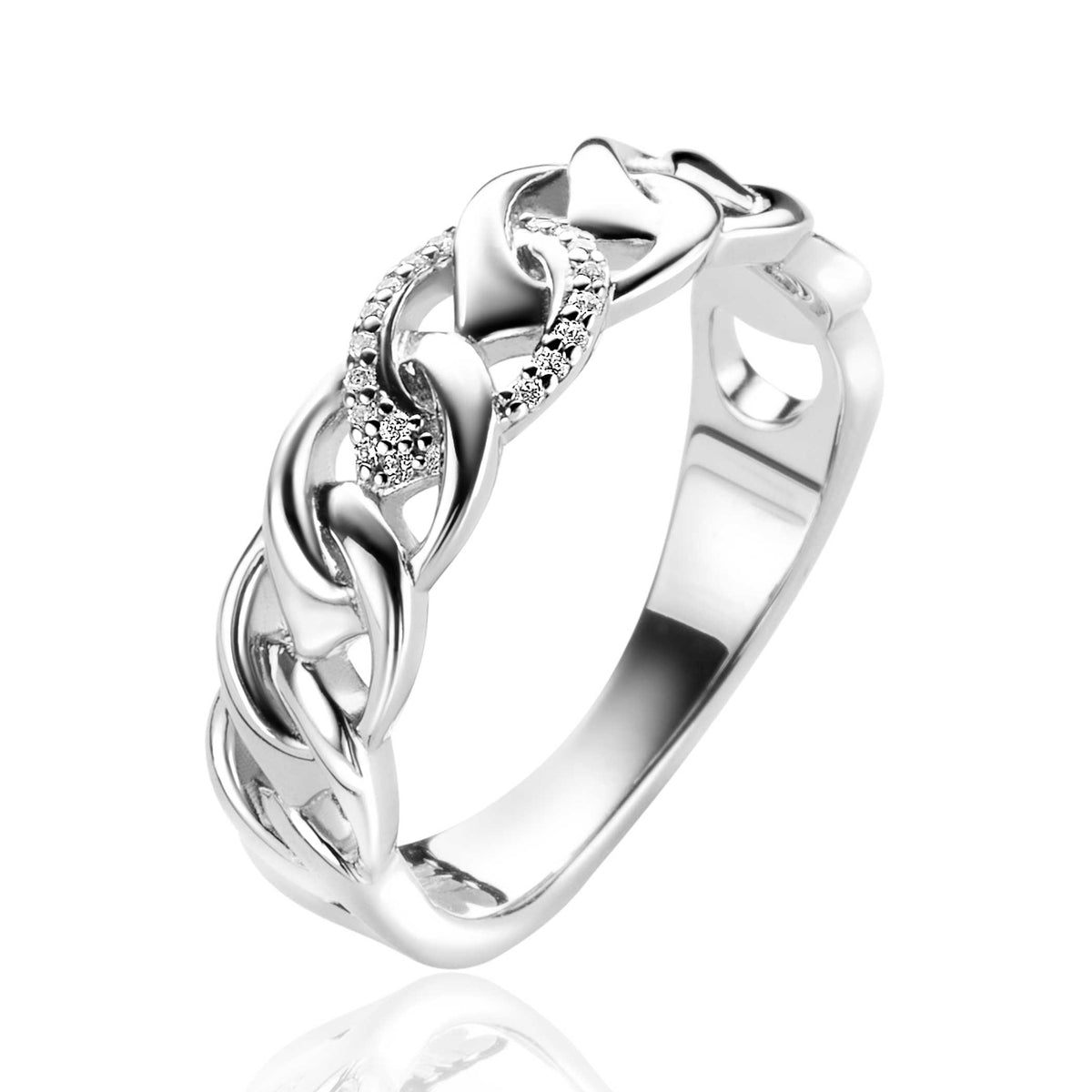 Anello in argento con design intrecciato e dettagli in zirconia.